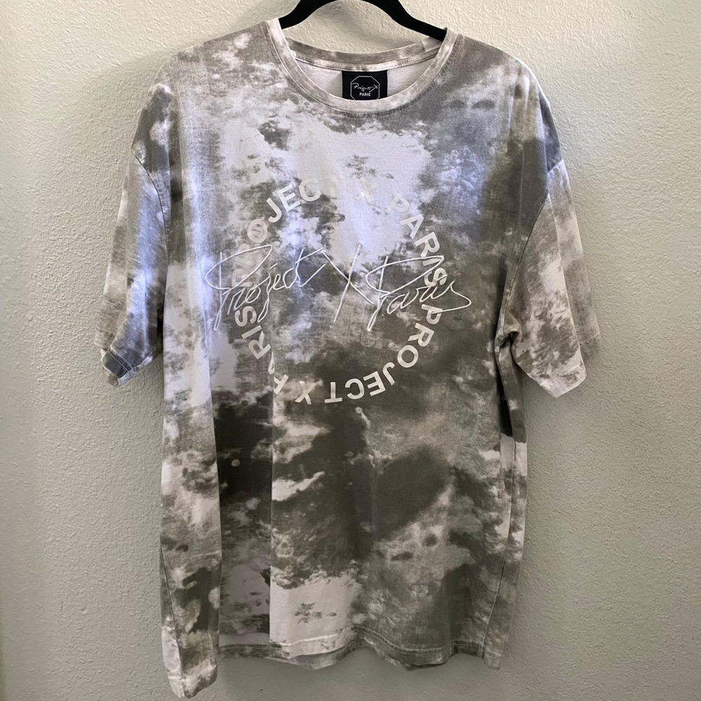 Project X Paris Mens Tie Dye Cloud Wash Embroidered‎ Logo T-Shirt Grey White L